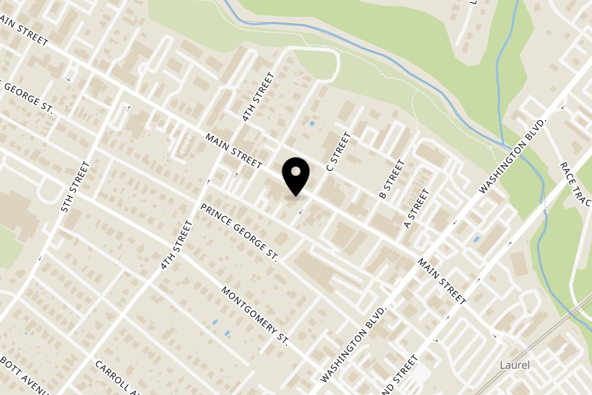 Map showing the location of Skyvibe Restaurant and Lounge on 352 Main St in Laurel